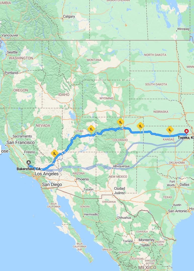 driving from Bakersfield, California to TopekaKansas - map and route