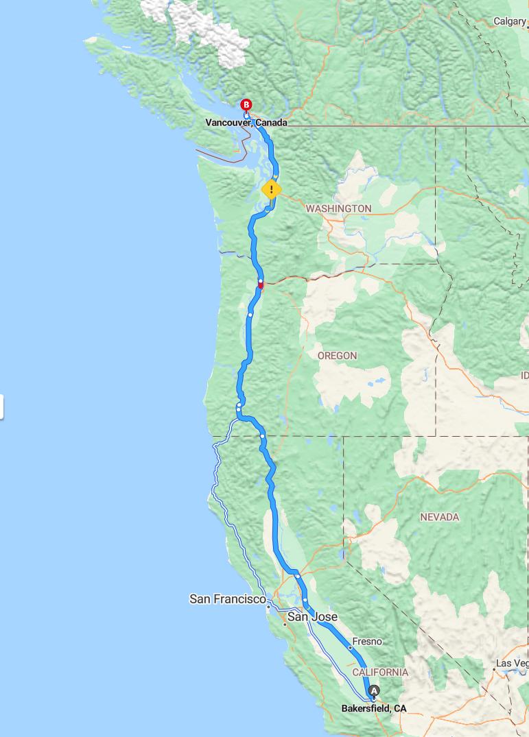 driving from Bakersfield, California to VancouverBritish Columbia - map and route