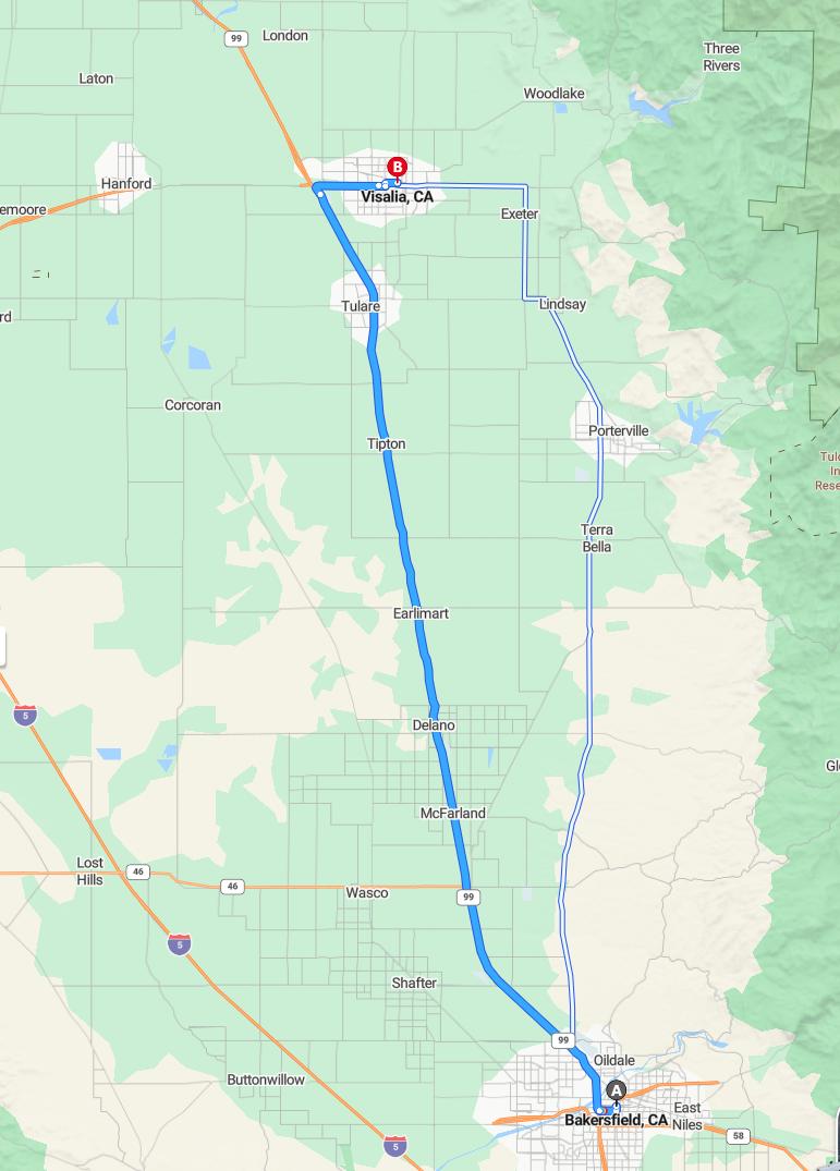 driving from Bakersfield, California to VisaliaCalifornia - map and route