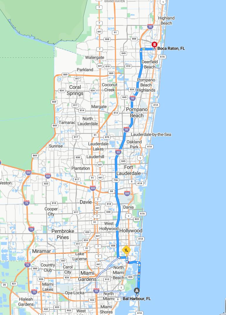 driving from Bal Harbour, Florida to Boca RatonFlorida - map and route