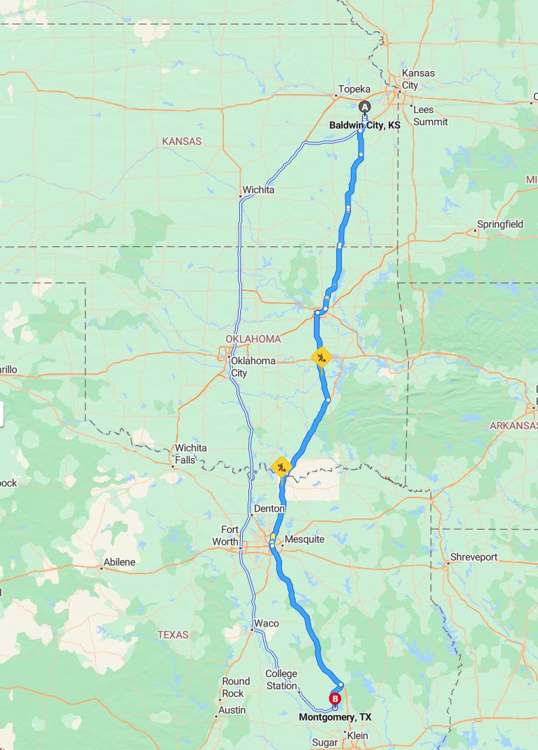 driving from Baldwin City, Kansas to MontgomeryTexas - map and route
