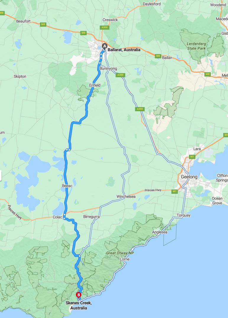 driving from Ballarat, Victoria to Skene CreekVictoria - map and route
