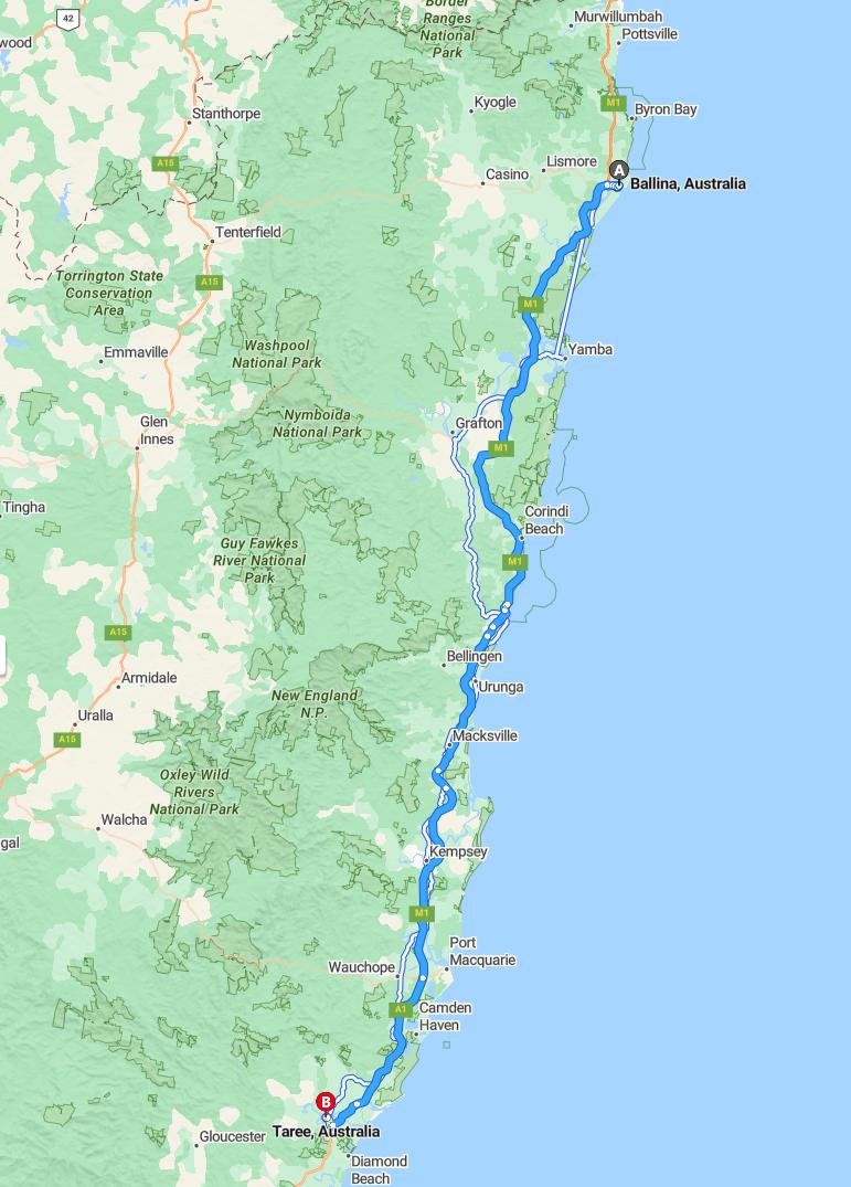 driving from Ballina, New South Wales to TareeNew South Wales - map and route
