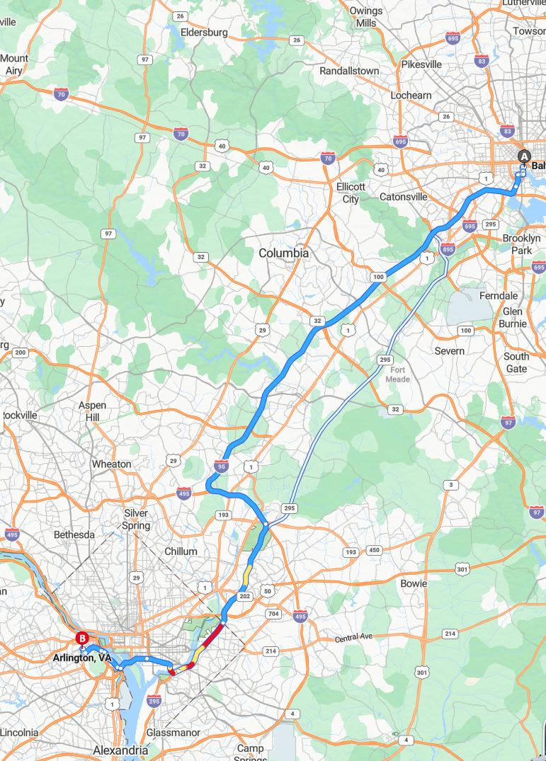 driving from Baltimore, Maryland to ArlingtonVirginia - map and route