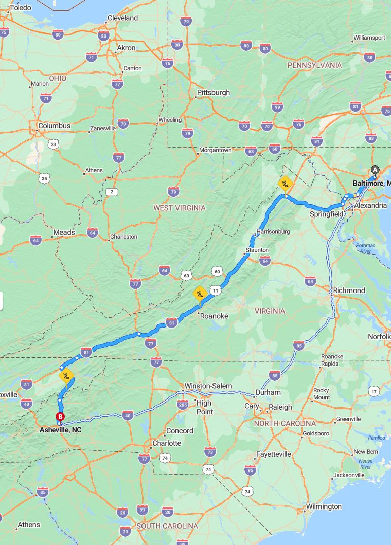 driving from Baltimore, Maryland to AshevilleNorth Carolina - map and route