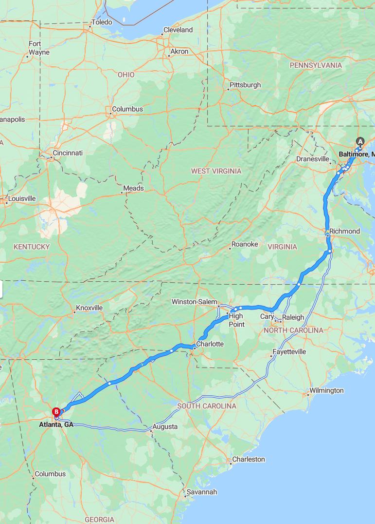 driving from Baltimore, Maryland to AtlantaGeorgia - map and route