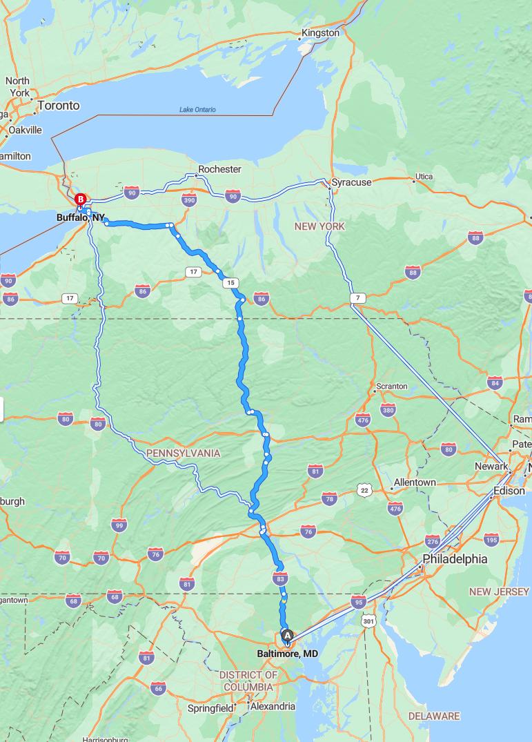 driving from Baltimore, Maryland to BuffaloNew York - map and route