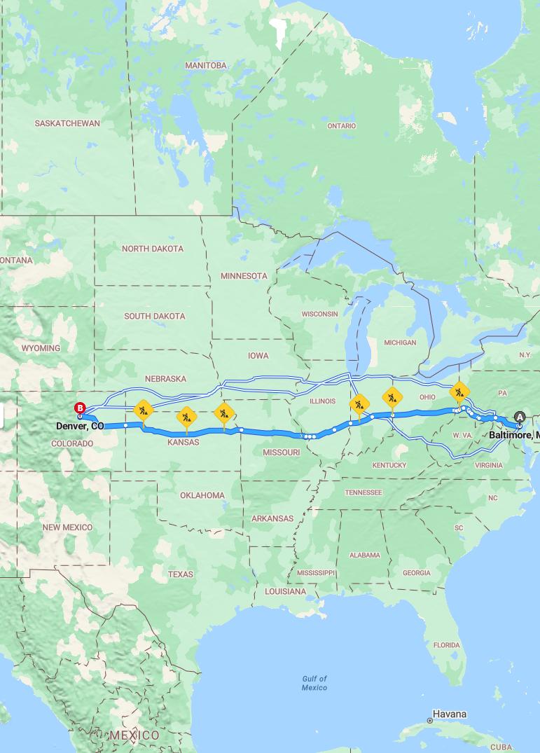 driving from Baltimore, Maryland to DenverColorado - map and route