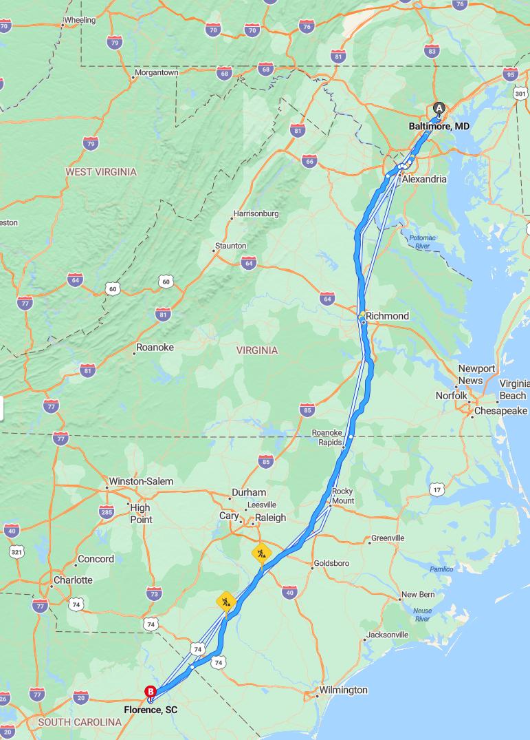 driving from Baltimore, Maryland to FlorenceSouth Carolina - map and route