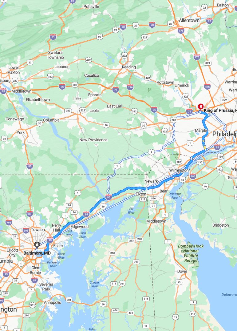 driving from Baltimore, Maryland to King of PrussiaPennsylvania - map and route