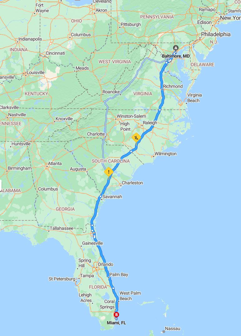 driving from Baltimore, Maryland to MiamiFlorida - map and route