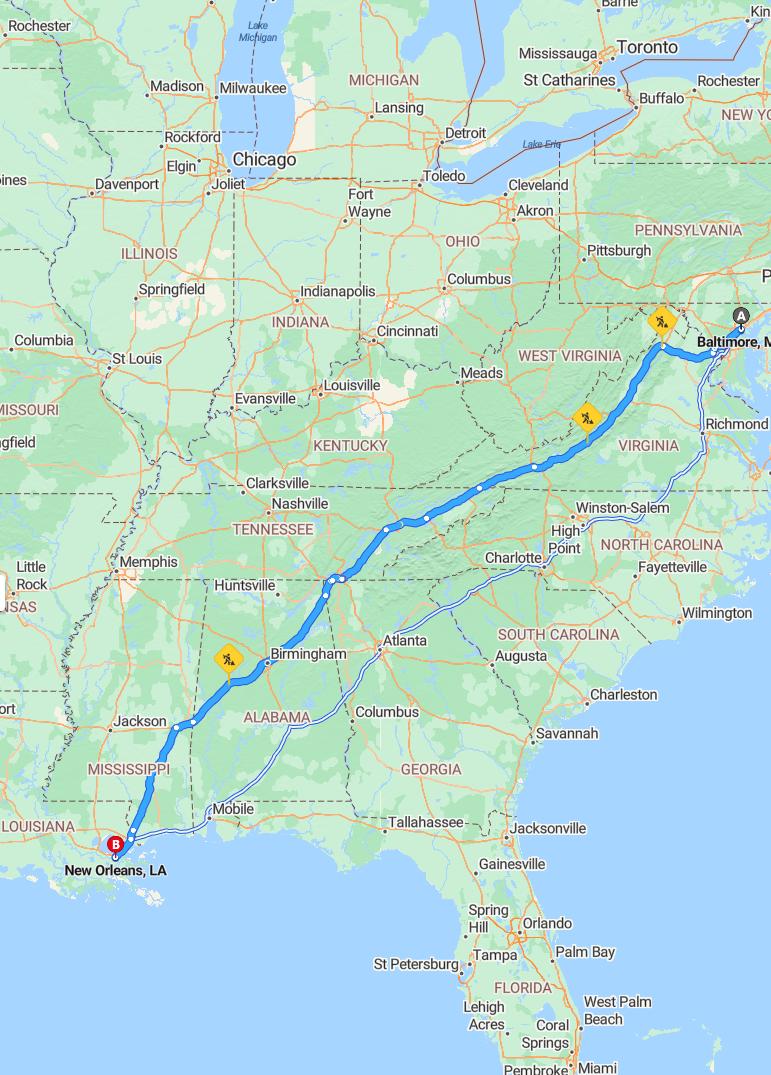 driving from Baltimore, Maryland to New OrleansLouisiana - map and route