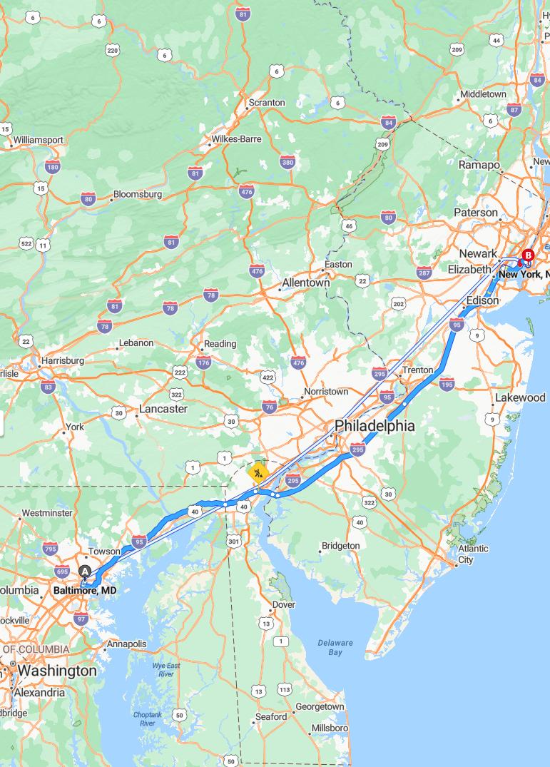 driving from Baltimore, Maryland to New YorkNew York - map and route