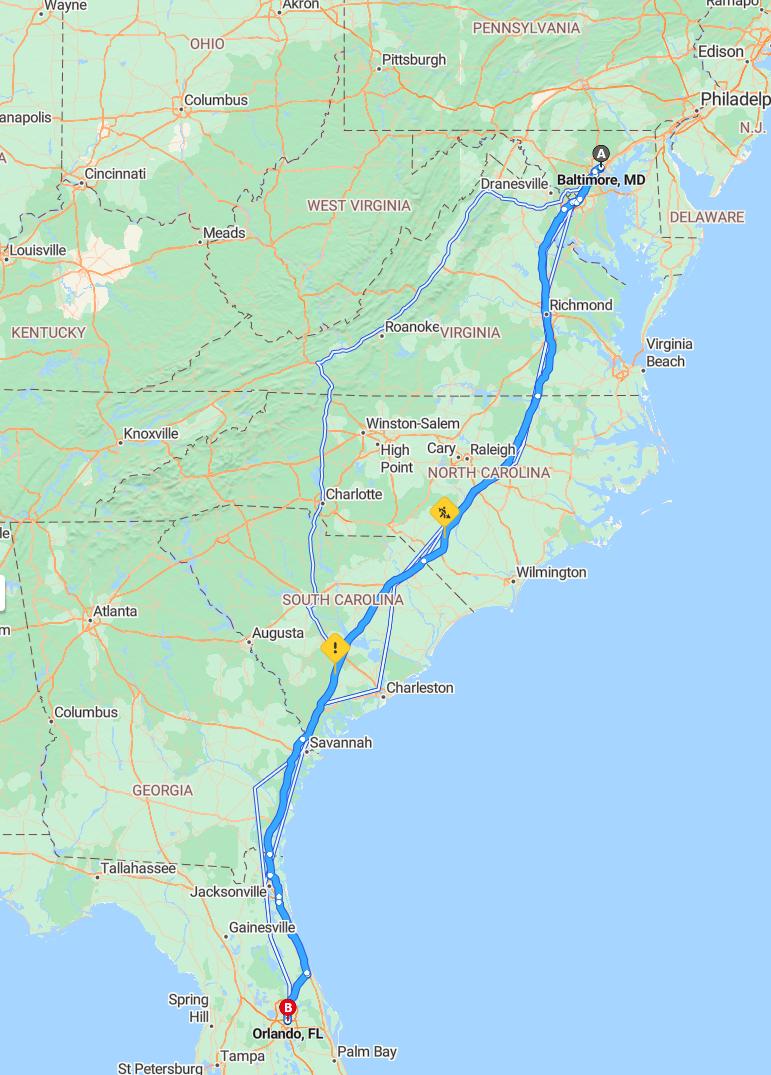 driving from Baltimore, Maryland to OrlandoFlorida - map and route
