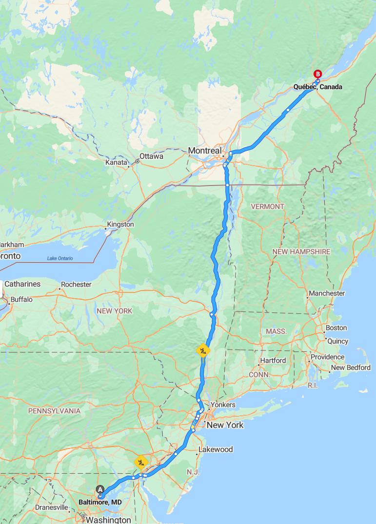 driving from Baltimore, Maryland to Quebec CityQuebec - map and route