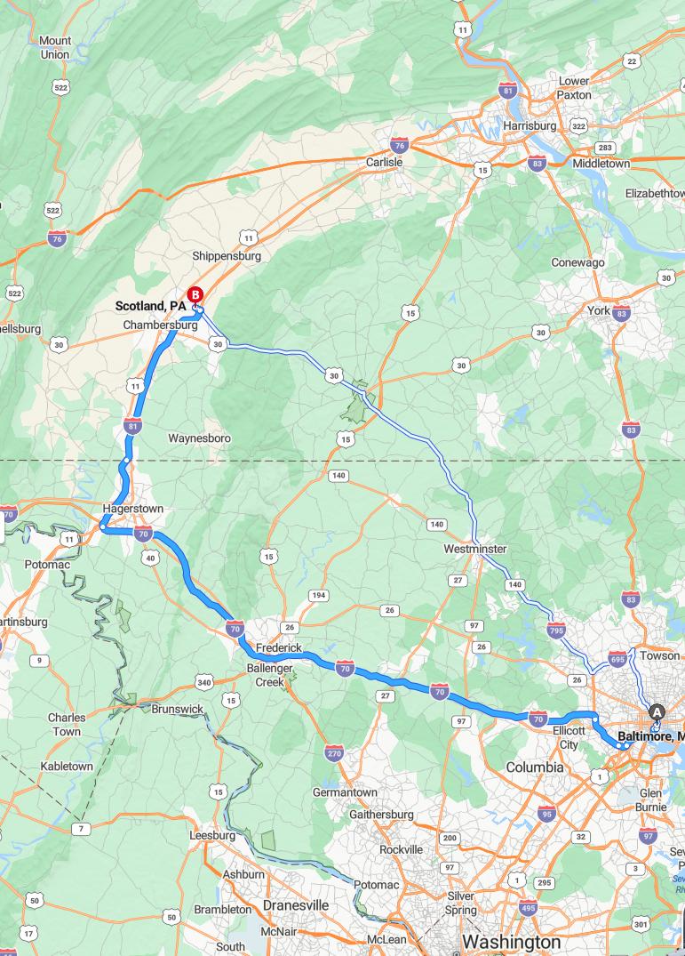 driving from Baltimore, Maryland to ScotlandPennsylvania - map and route
