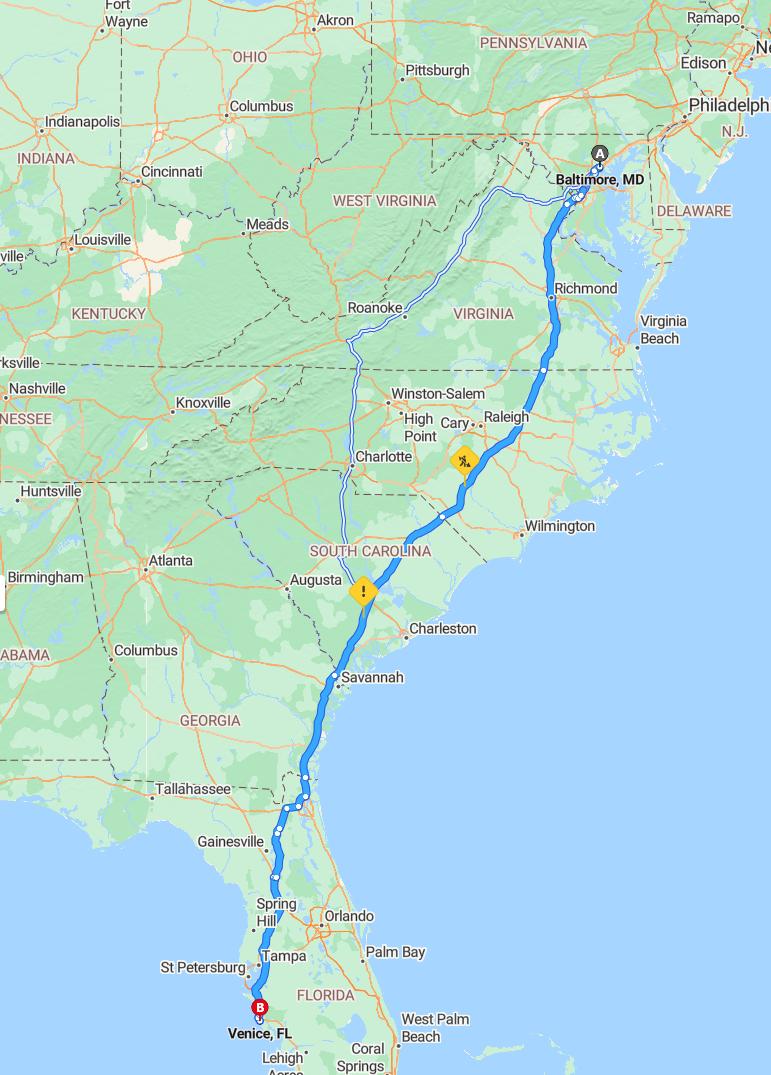 driving from Baltimore, Maryland to VeniceFlorida - map and route