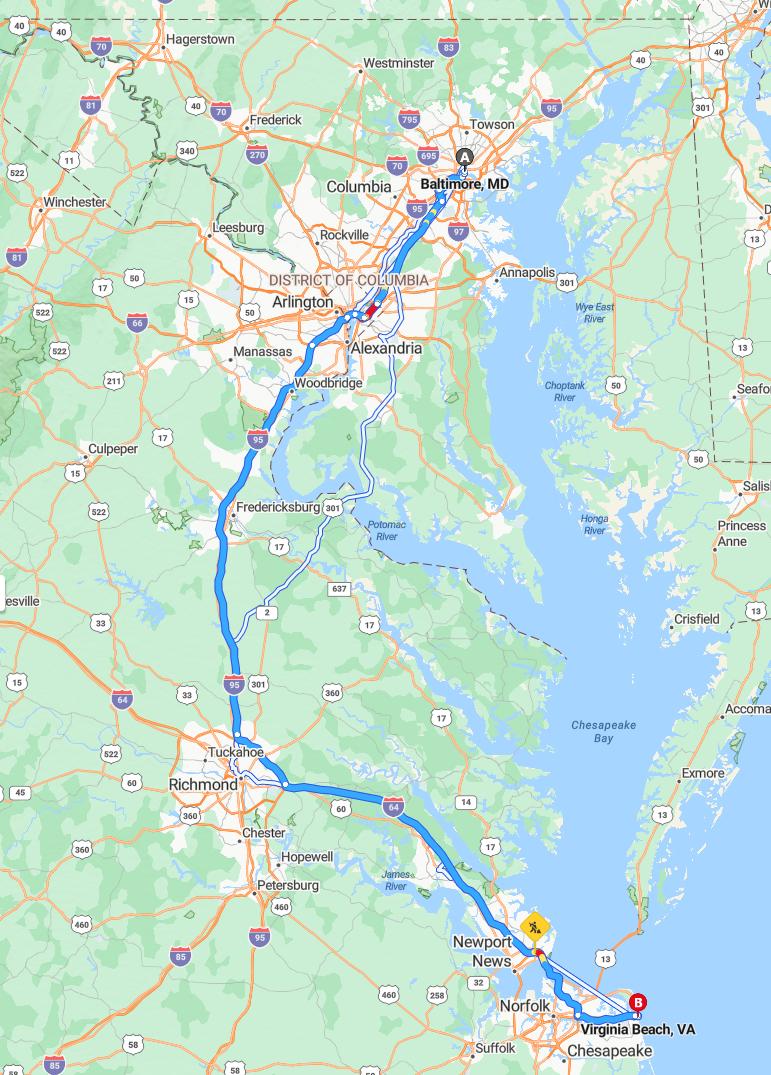 driving from Baltimore, Maryland to Virginia BeachVirginia - map and route