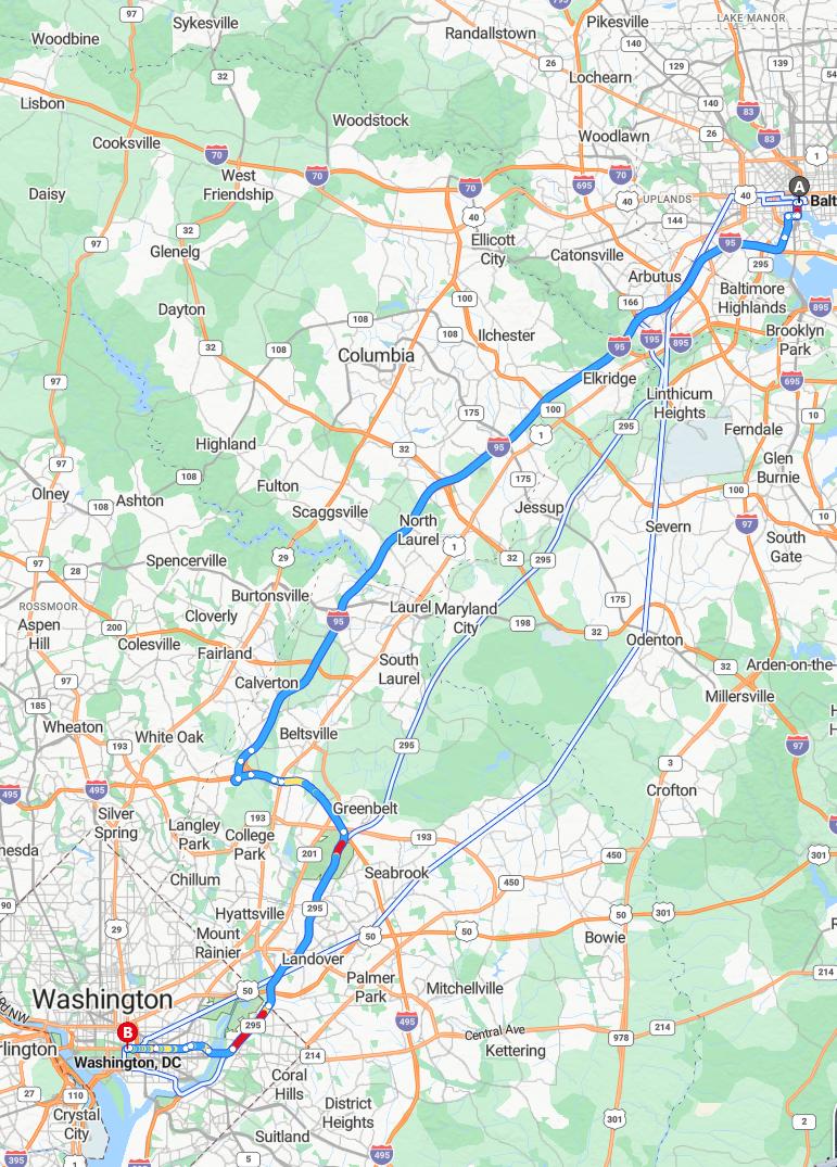 driving from Baltimore, Maryland to WashingtonDistrict of Columbia - map and route