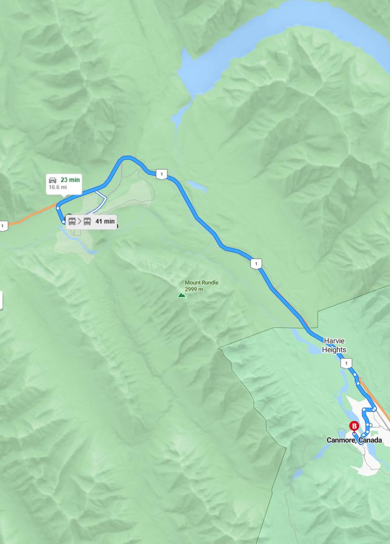 driving from Banff, Alberta to CanmoreAlberta - map and route