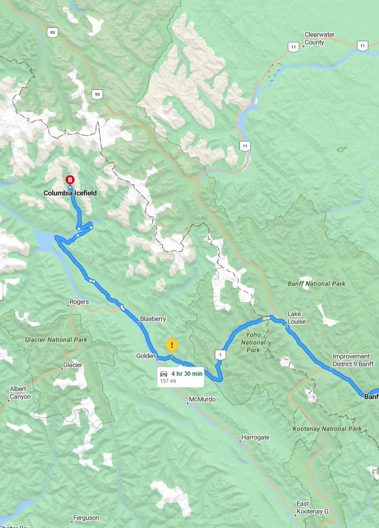 driving from Banff, Alberta to Columbia IcefieldsAlberta - map and route