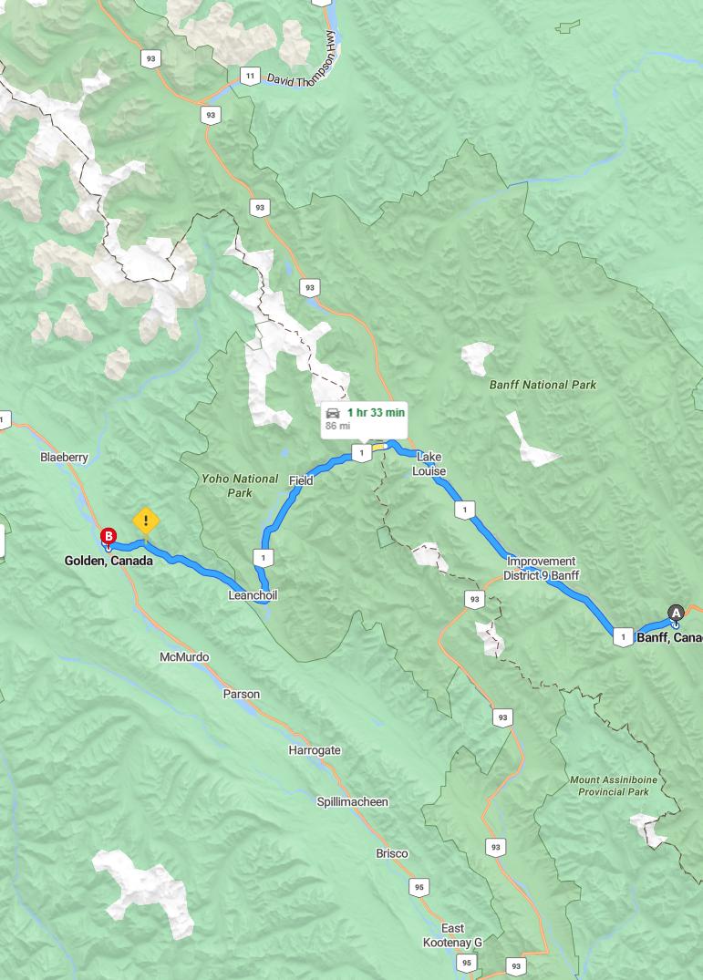 driving from Banff, Alberta to GoldenBritish Columbia - map and route