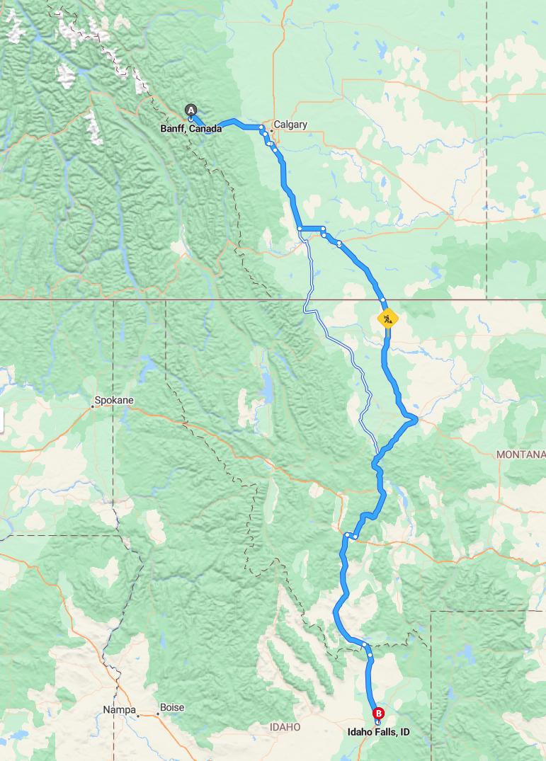 driving from Banff, Alberta to Idaho FallsIdaho - map and route