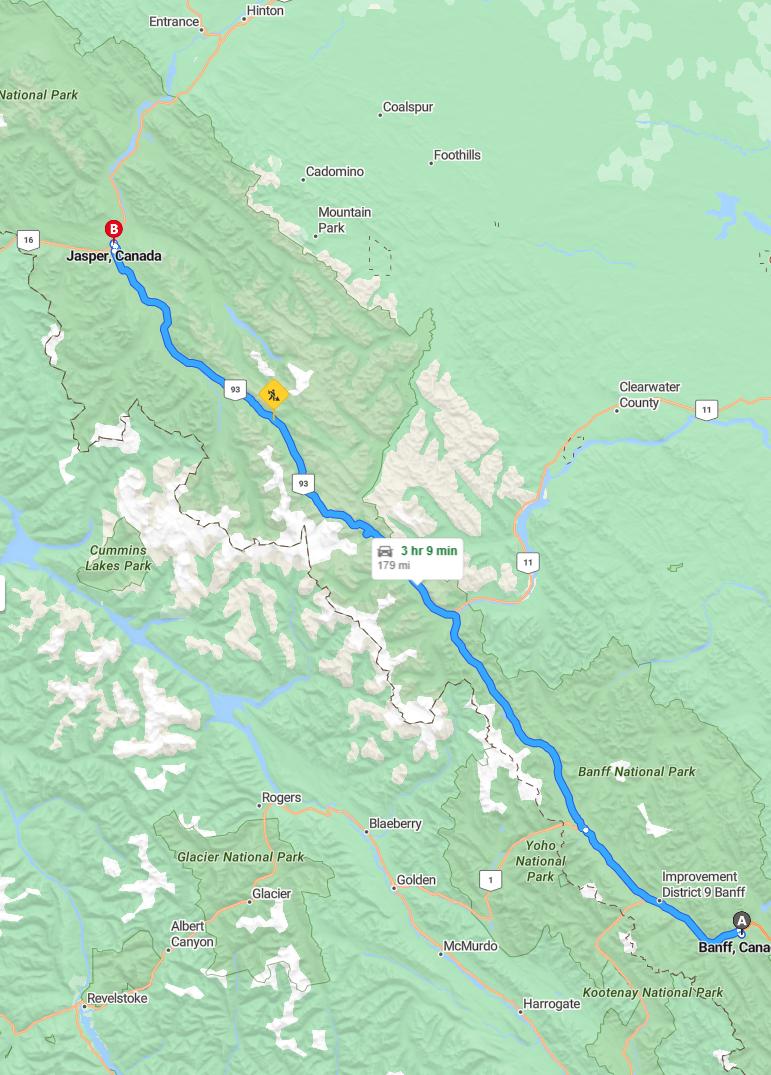 driving from Banff, Alberta to JasperAlberta - map and route