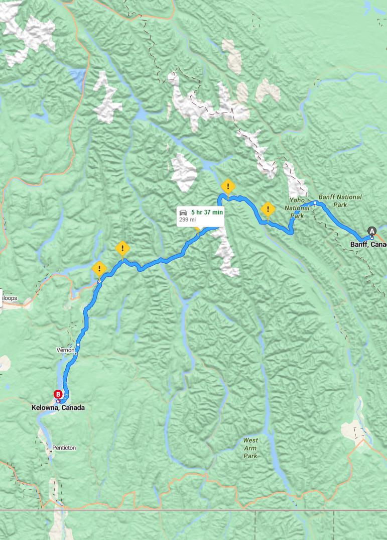driving from Banff, Alberta to KelownaBritish Columbia - map and route