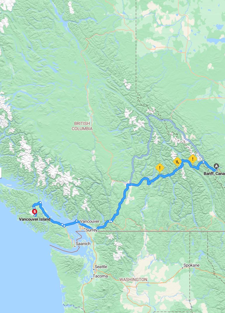 driving from Banff, Alberta to Vancouver IslandBritish Columbia - map and route