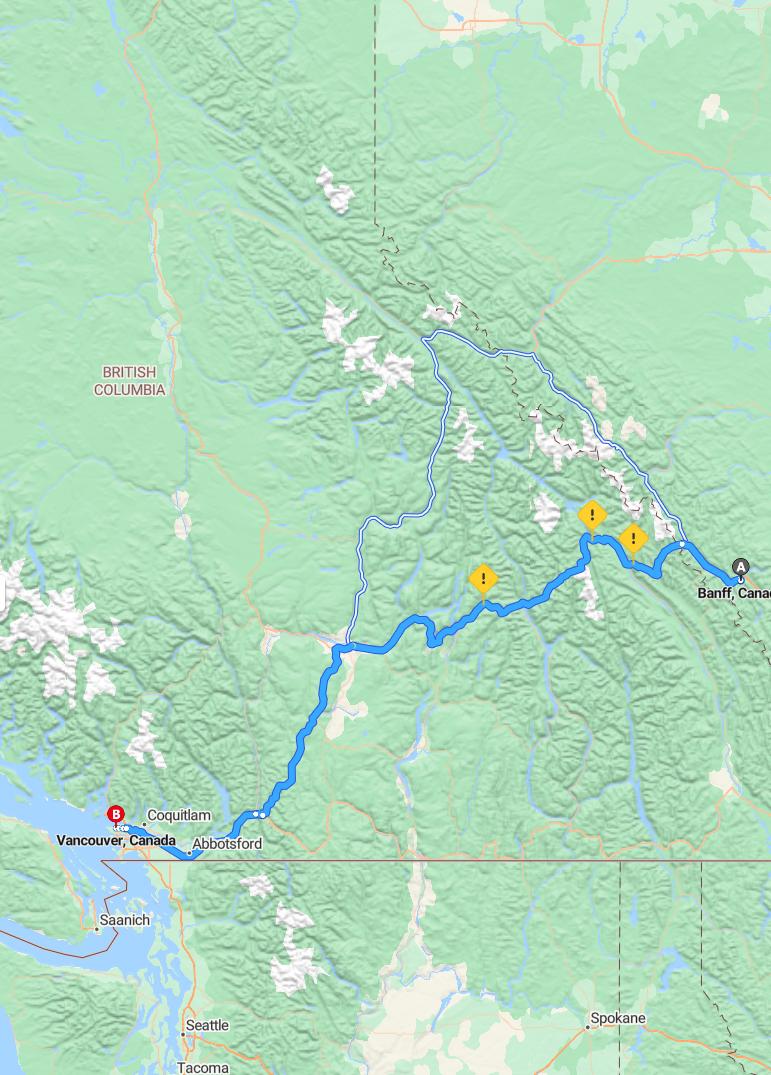 driving from Banff, Alberta to VancouverBritish Columbia - map and route