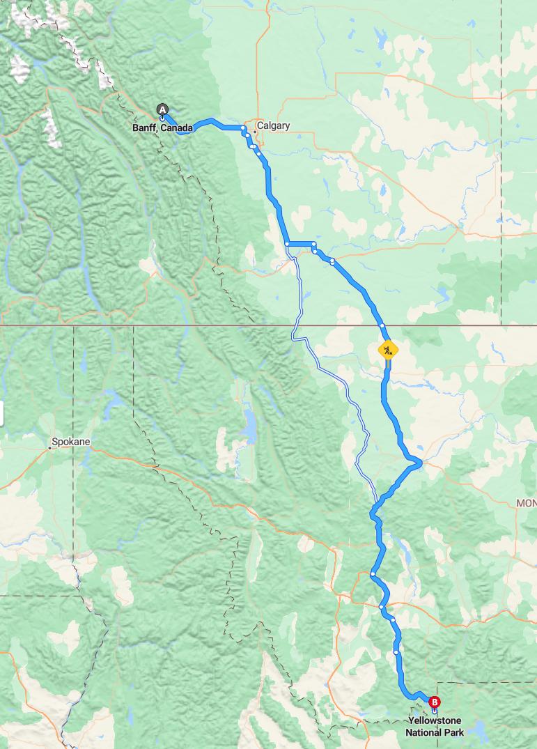 driving from Banff, Alberta to Yellowstone National ParkWyoming - map and route