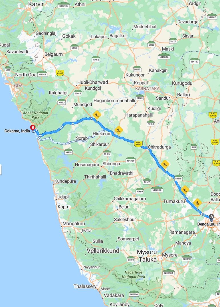 driving from Bangalore, Karnataka to GokarnaKarnataka - map and route