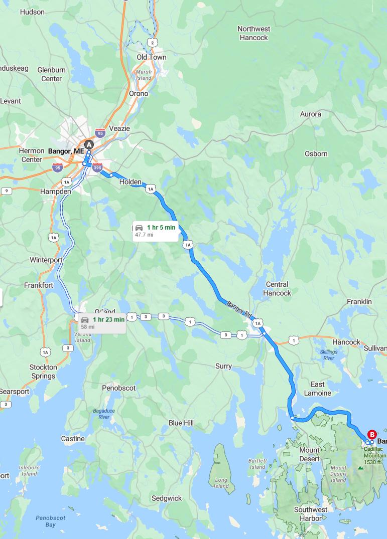 driving from Bangor, Maine to Bar HarborMaine - map and route