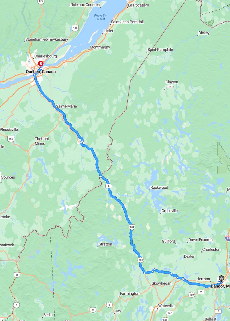 driving from Bangor, Maine to Quebec CityQuebec - map and route