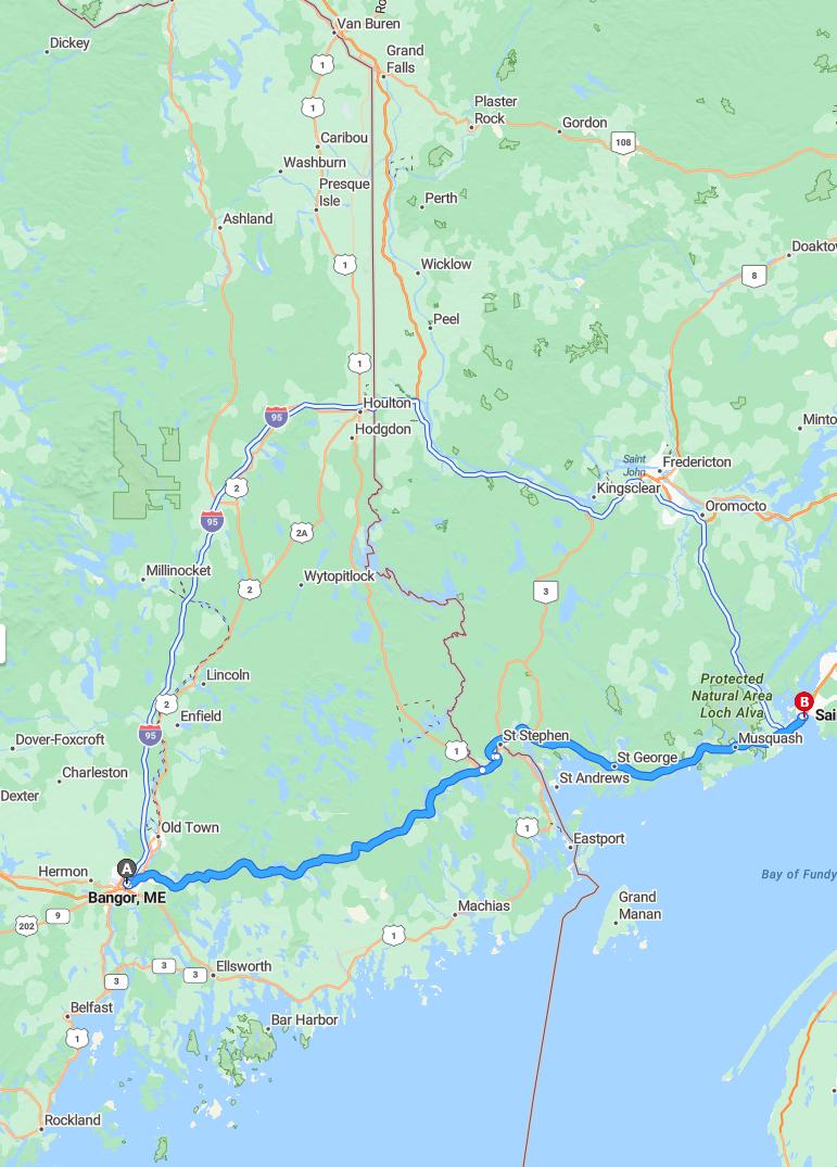 driving from Bangor, Maine to Saint JohnNew Brunswick - map and route