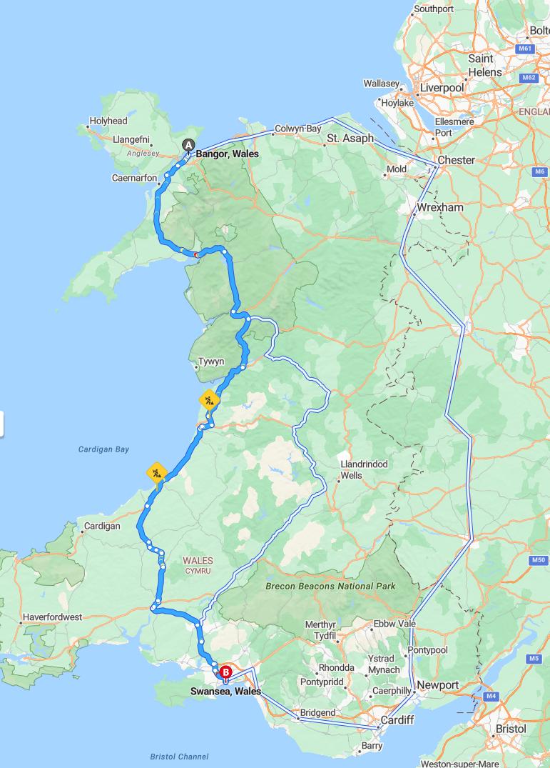 driving from Bangor, Wales to SwanseaWales - map and route
