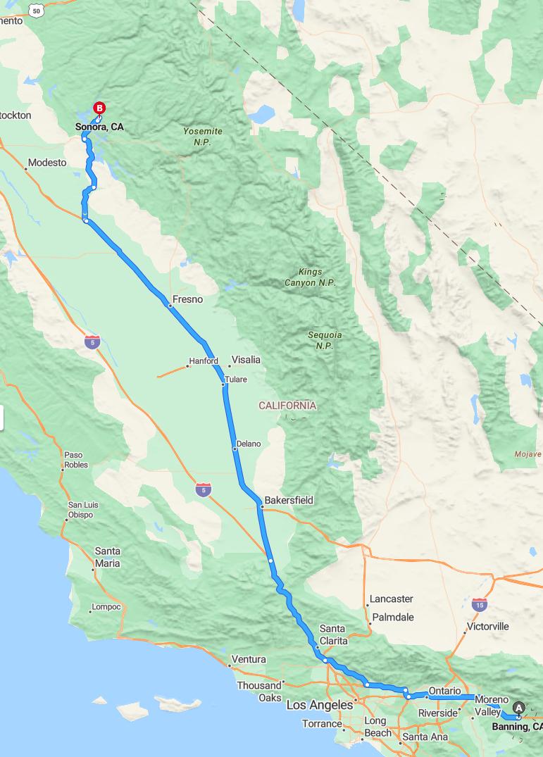 driving from Banning, California to SonoraCalifornia - map and route