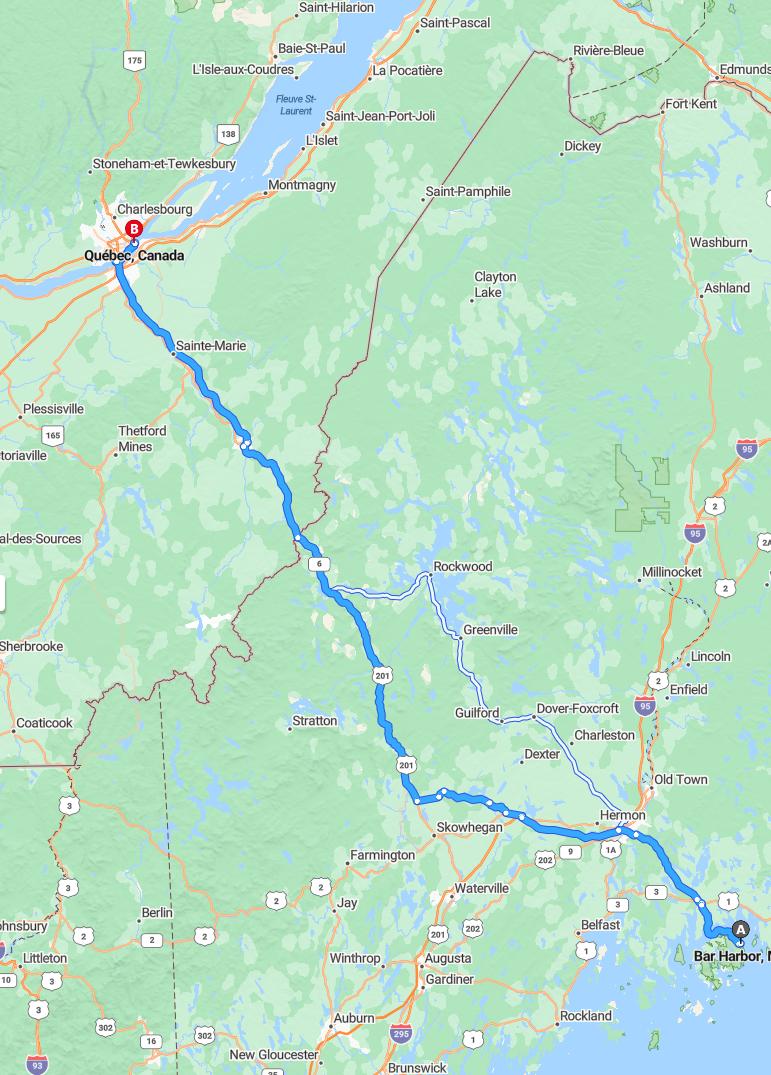 driving from Bar Harbor, Maine to Quebec CityQuebec - map and route