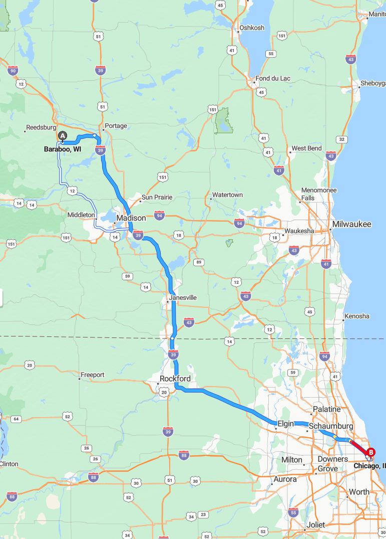 driving from Baraboo, Wisconsin to ChicagoIllinois - map and route