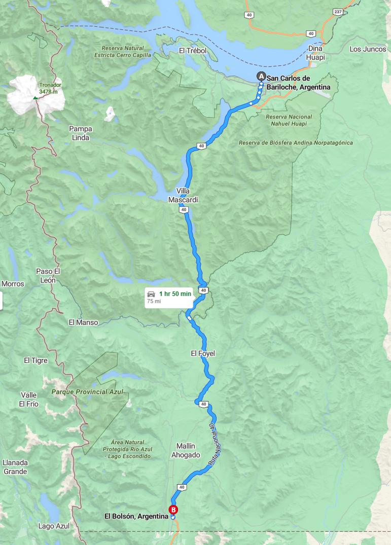 driving from Bariloche, Rio Negro to El BolsonRio Negro - map and route
