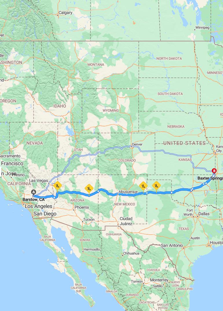 driving from Barstow, California to Baxter SpringsKansas - map and route