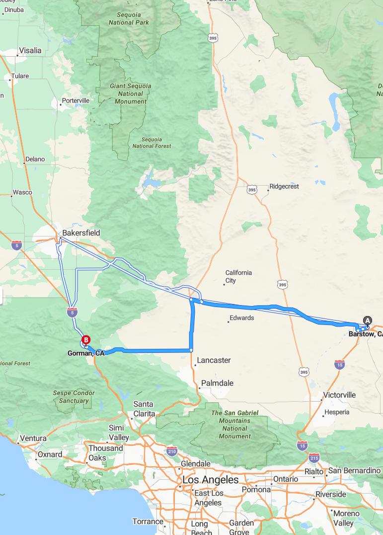 driving from Barstow, California to GormanCalifornia - map and route
