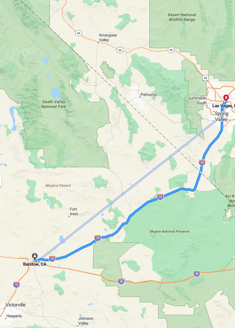 driving from Barstow, California to Las VegasNevada - map and route