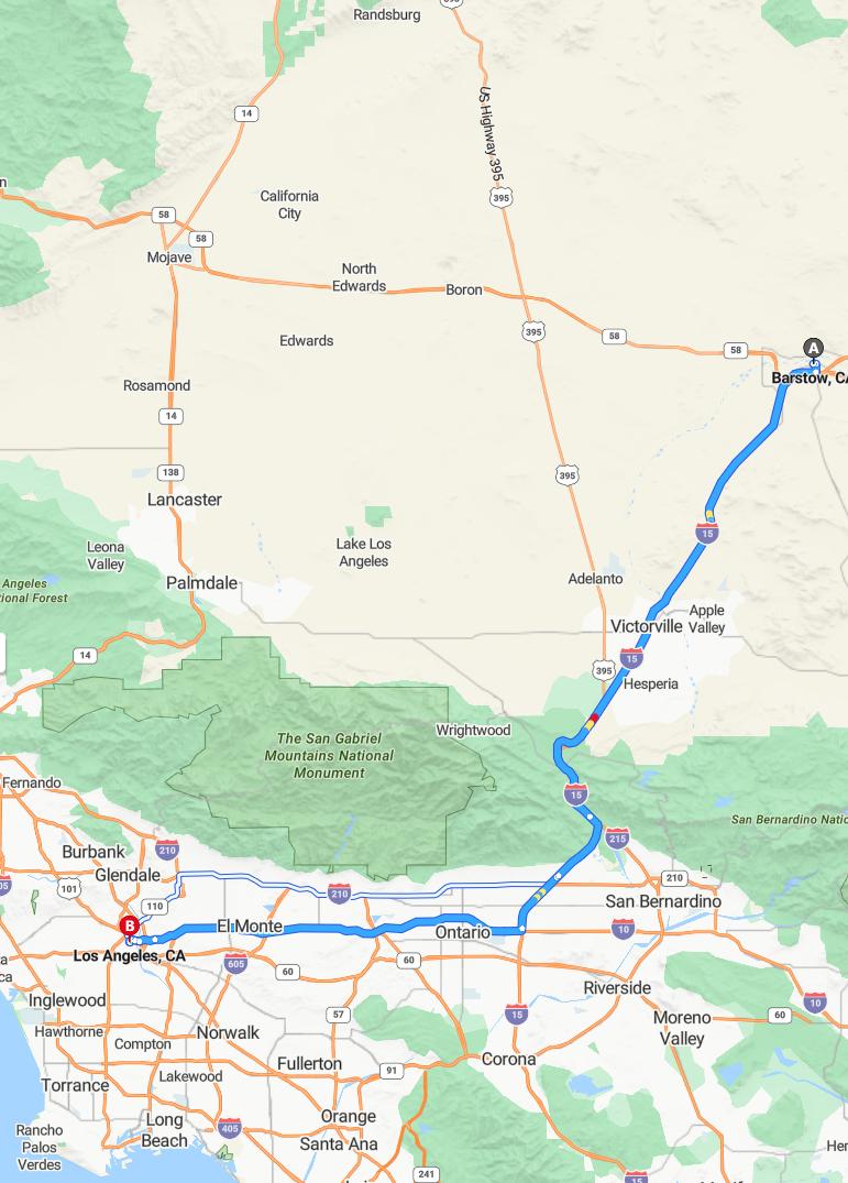 driving from Barstow, California to Los AngelesCalifornia - map and route