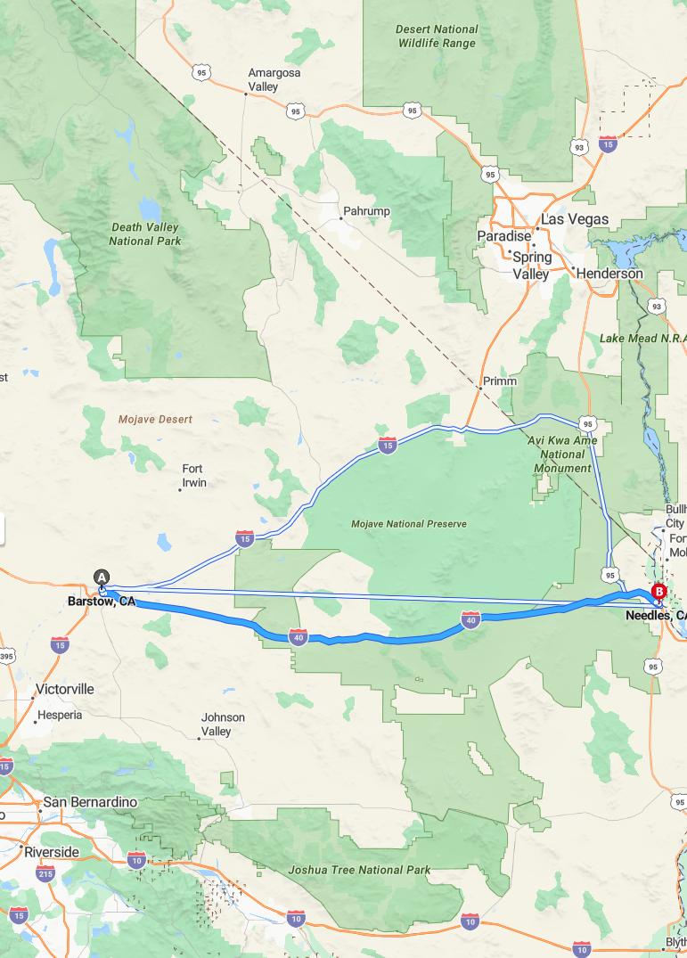 driving from Barstow, California to NeedlesCalifornia - map and route