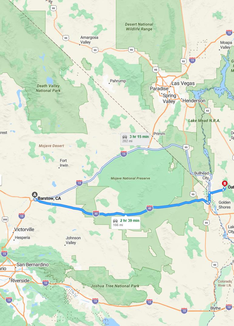 driving from Barstow, California to OatmanArizona - map and route