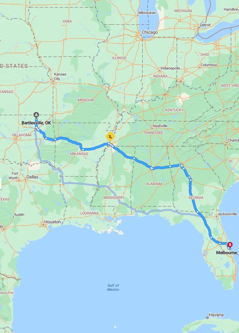 driving from Bartlesville, Oklahoma to MelbourneFlorida - map and route