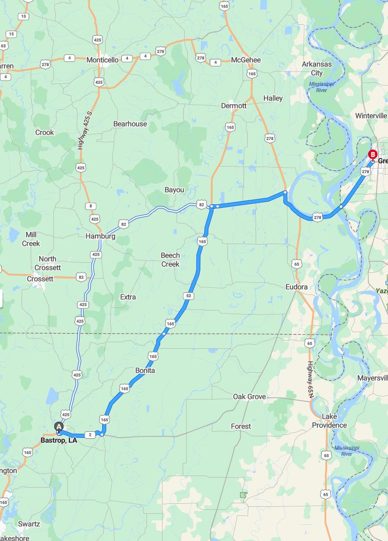 driving from Bastrop, Louisiana to GreenvilleMississippi - map and route