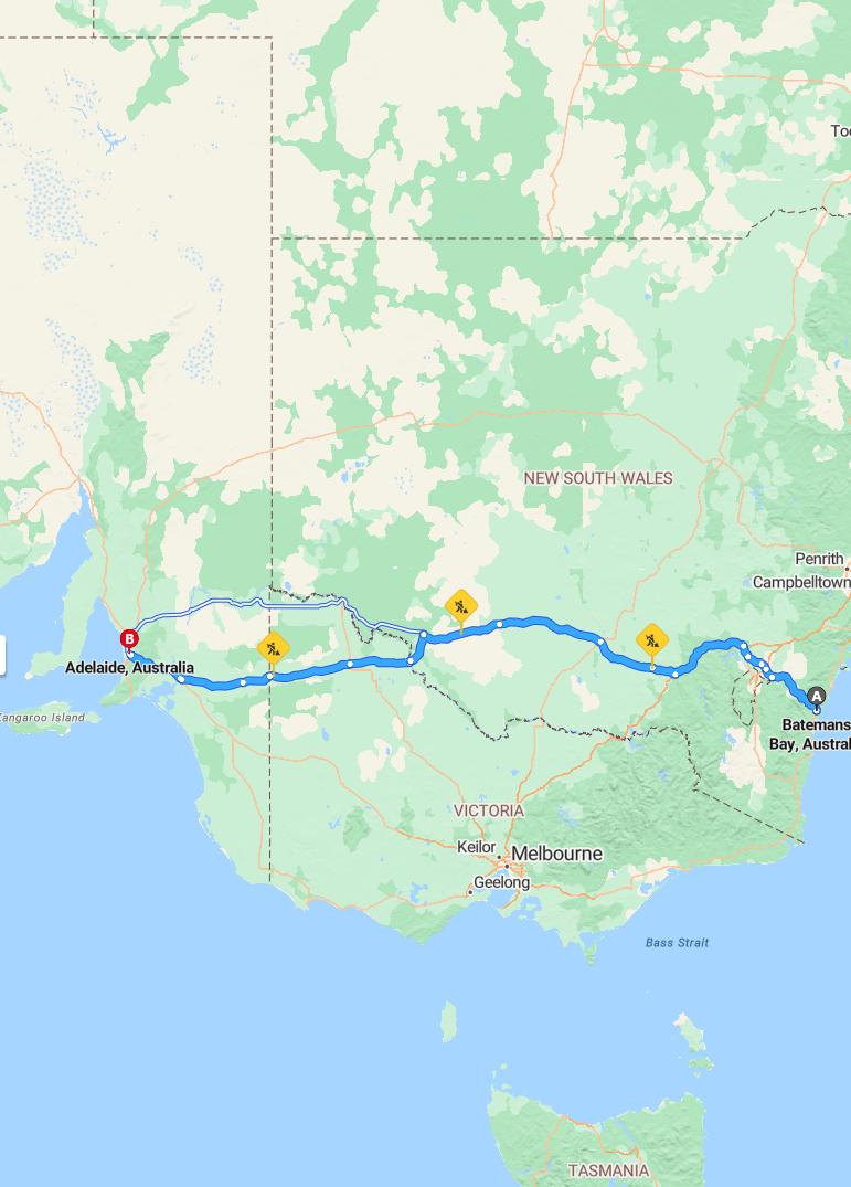 driving from Batemans Bay, New South Wales to AdelaideSouth Australia - map and route